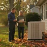 HVAC technician talks with a homeowner holding a quote beside a new outdoor heat pump