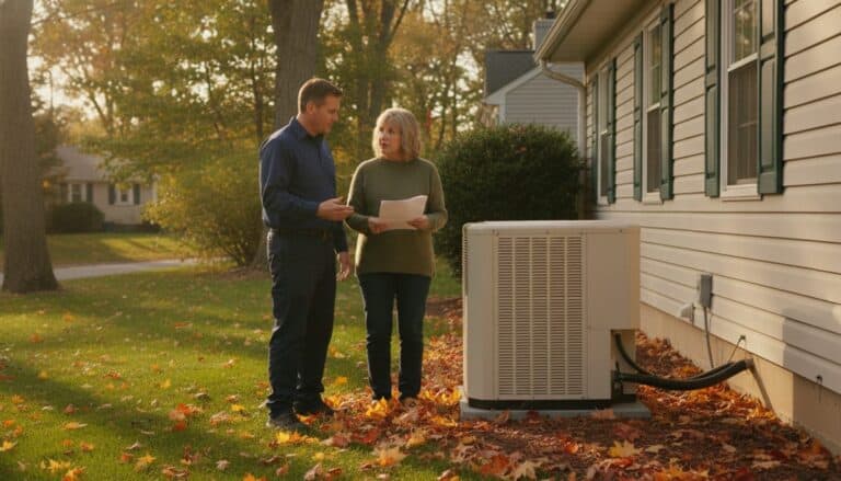 HVAC technician talks with a homeowner holding a quote beside a new outdoor heat pump