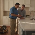 Plumber shows a homeowner something on a tablet beside a newly installed kitchen faucet