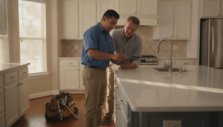 Plumber shows a homeowner something on a tablet beside a newly installed kitchen faucet