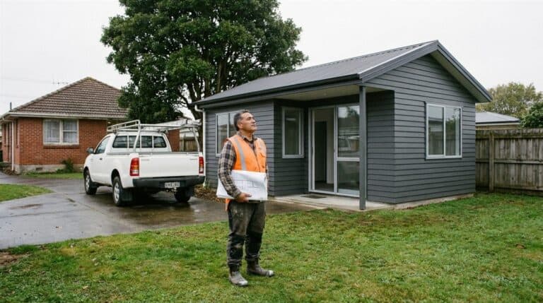 Builder in a hi-vis vest holding rolled plans looks up at a newly finished single-storey weatherboard dwelling on a back section
