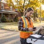 Canadian contractor checking an invoice on her phone at her truck tailgate, GST/HST for contractors starts with the sale