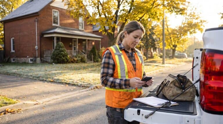 Canadian contractor checking an invoice on her phone at her truck tailgate, GST/HST for contractors starts with the sale