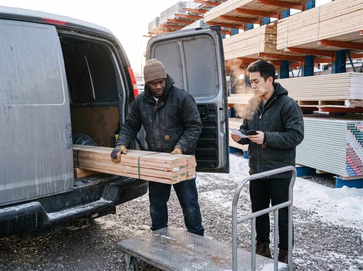 Two contractors loading lumber into a van at a building-supply yard in winter, one holding the receipt