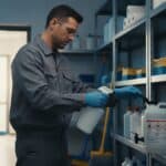 Commercial cleaning worker in gloves and safety glasses fills a spray bottle from a concentrate jug in a supply room