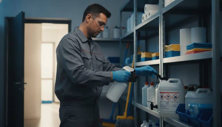 Commercial cleaning worker in gloves and safety glasses fills a spray bottle from a concentrate jug in a supply room