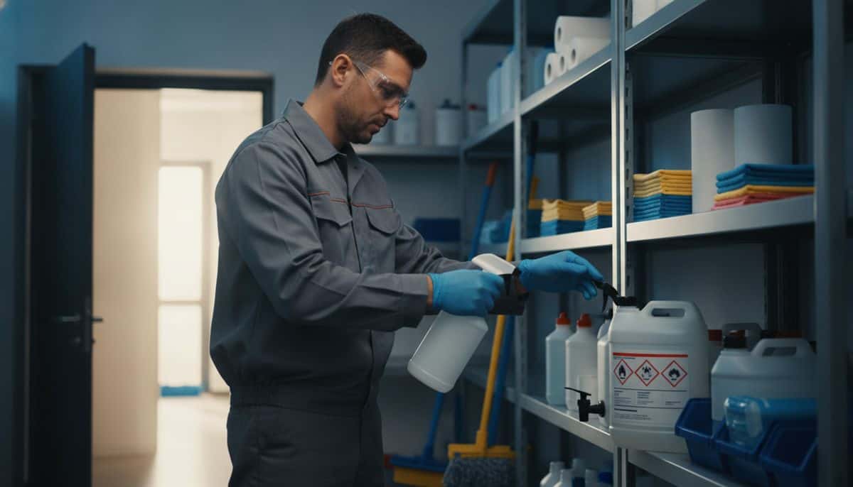 Commercial cleaning worker in gloves and safety glasses fills a spray bottle from a concentrate jug in a supply room