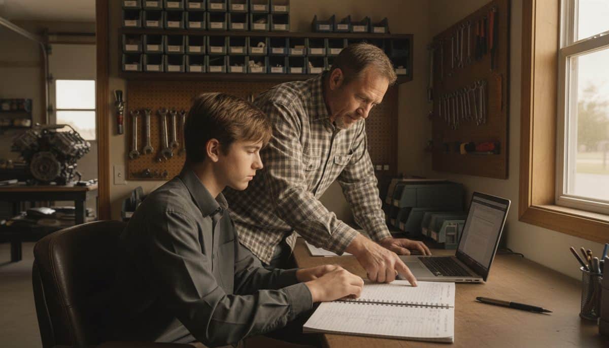 Contractor leans over his teenage son at a shop office desk as the son enters timesheets on a laptop
