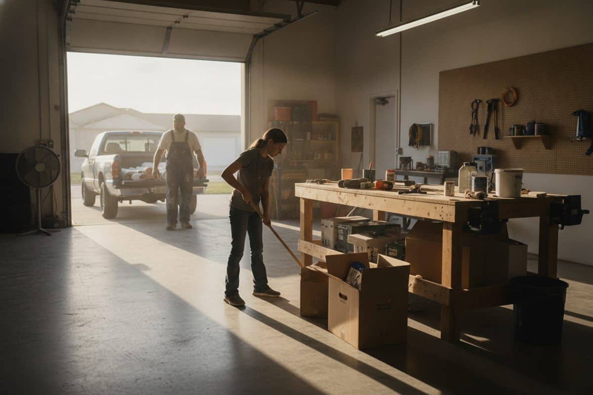 Teenage girl sweeps a contractor shop floor while her father, a painter, loads drop cloths into a pickup