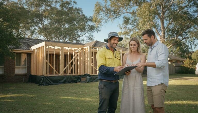 Builder in a hi-vis shirt reviews a contract with a couple outside their home extension