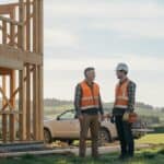 Builder in a hi-vis vest talks with an apprentice beside a timber-framed house under construction