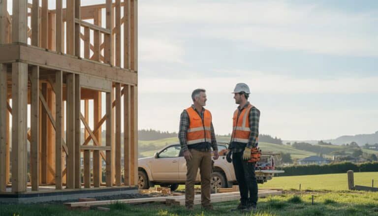Builder in a hi-vis vest talks with an apprentice beside a timber-framed house under construction