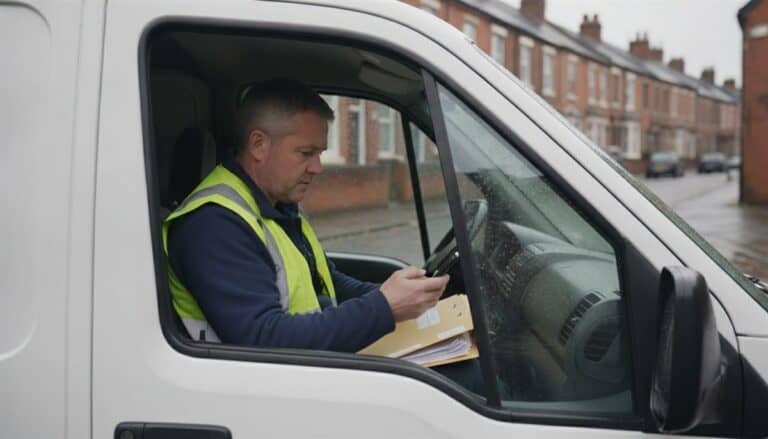 Electrician in a hi-vis vest reads an email on his phone in his van on a terraced street