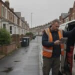 A tradesman in a hi-vis vest checks a tablet at his van on a terraced street.