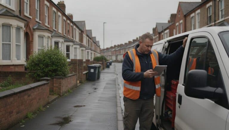 A tradesman in a hi-vis vest checks a tablet at his van on a terraced street.