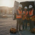 A crew leader and two workers review a clipboard at a work van at sunset.