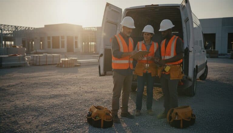 A crew leader and two workers review a clipboard at a work van at sunset.