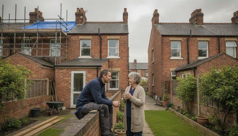 Builder talks over the garden wall with a neighbour behind terraced houses with scaffolding