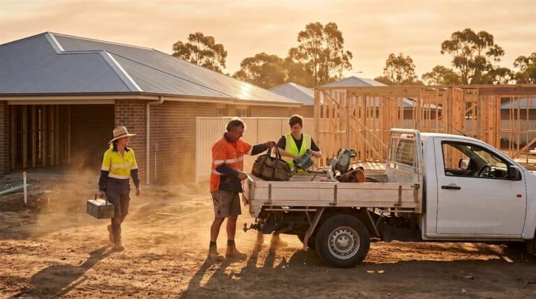 Builder and two workers in hi-vis load tools into a white ute at knock-off on a new estate