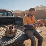 Carpenter in hi-vis sits on a ute tailgate checking his phone at a new housing estate