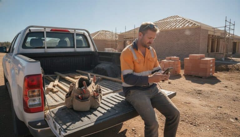 Carpenter in hi-vis sits on a ute tailgate checking his phone at a new housing estate