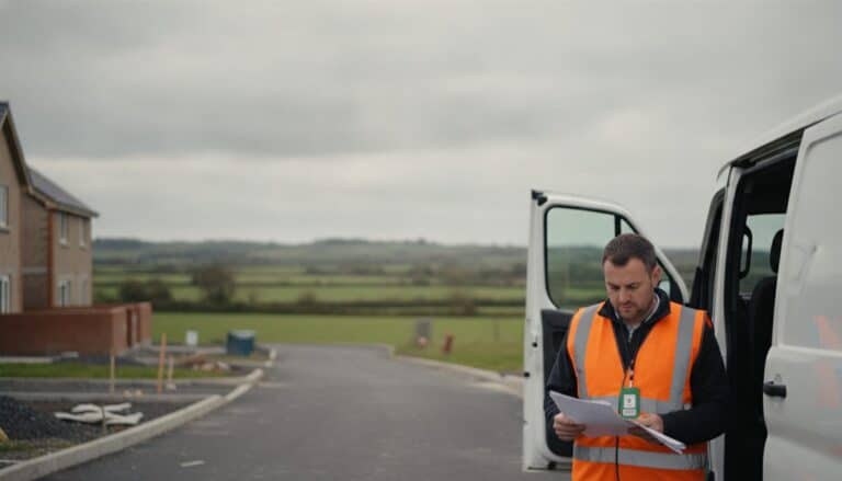 Subcontractor in hi-vis reads paperwork at the open door of a van on a new-build estate