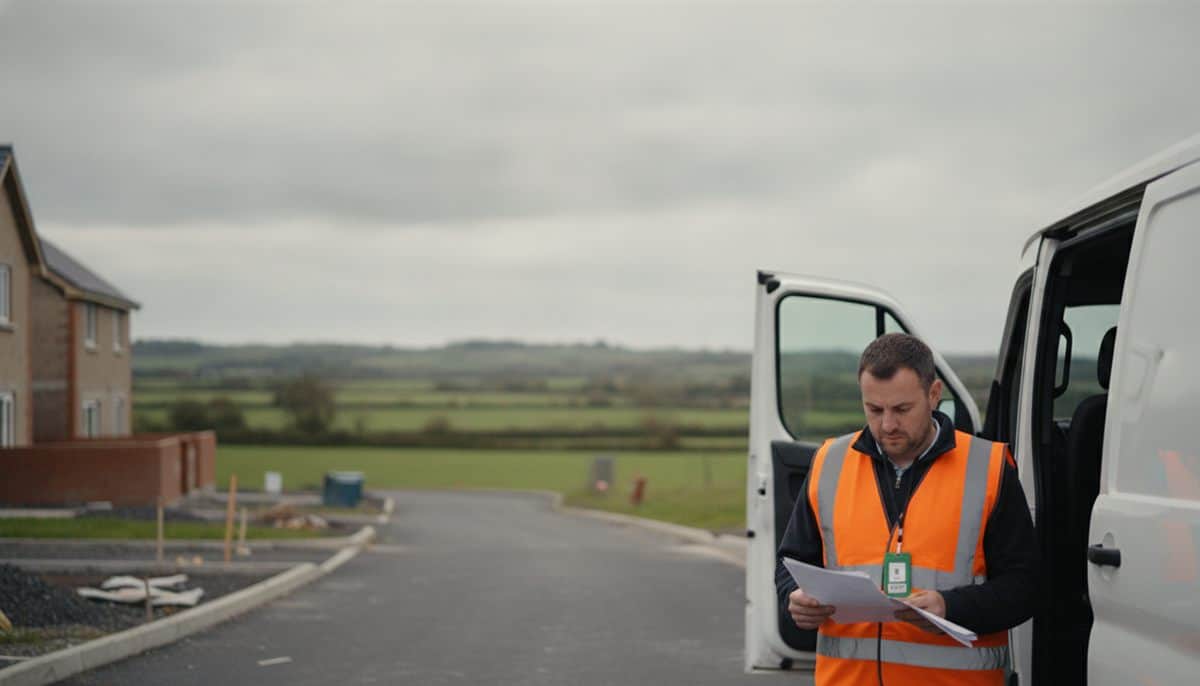 Subcontractor in hi-vis reads paperwork at the open door of a van on a new-build estate