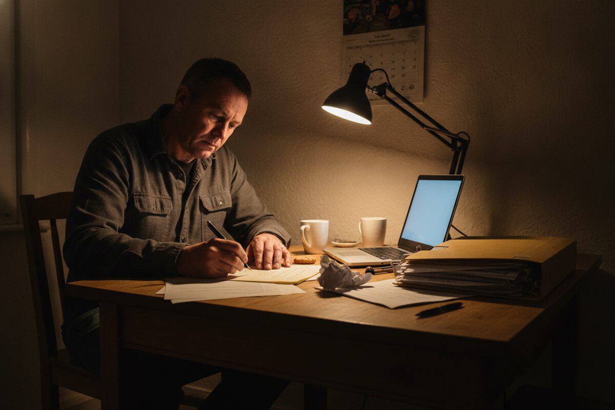 Man writes a letter at a kitchen table at night, laptop and invoice folder beside him