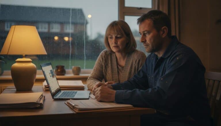 Tradesman in a dusty work jumper reviews paperwork with his wife at a kitchen table on a rainy evening