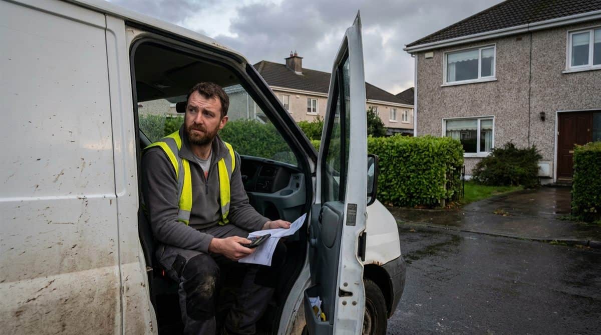 Electrician sitting in the open door of his van outside a Galway house, reading a bank statement