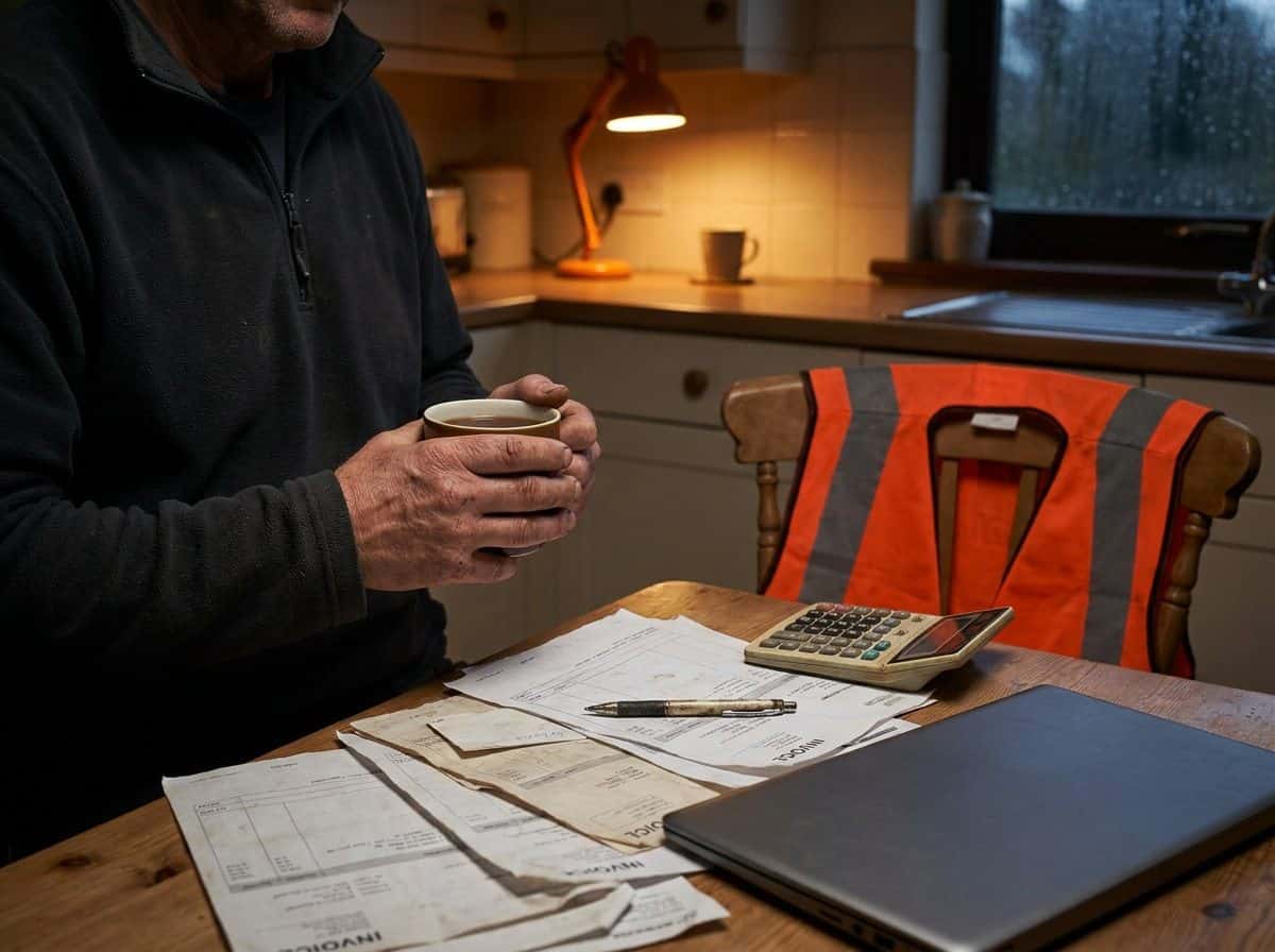 Electrician's kitchen table at night with invoices, a calculator and tea, working out preliminary tax