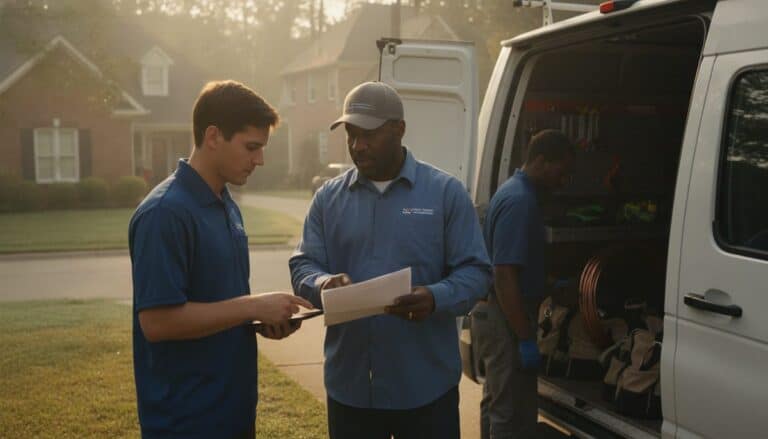 Business owner hands a folded form to a technician beside an open work van at dawn
