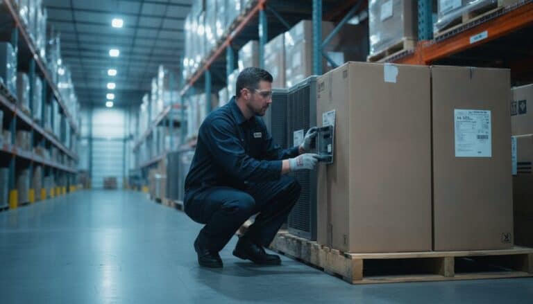 An HVAC technician checks the data plate on a boxed R-410A unit in a warehouse.