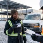 Electrician showing her Red Seal certification card to a site supervisor at a snowy Calgary job site gate
