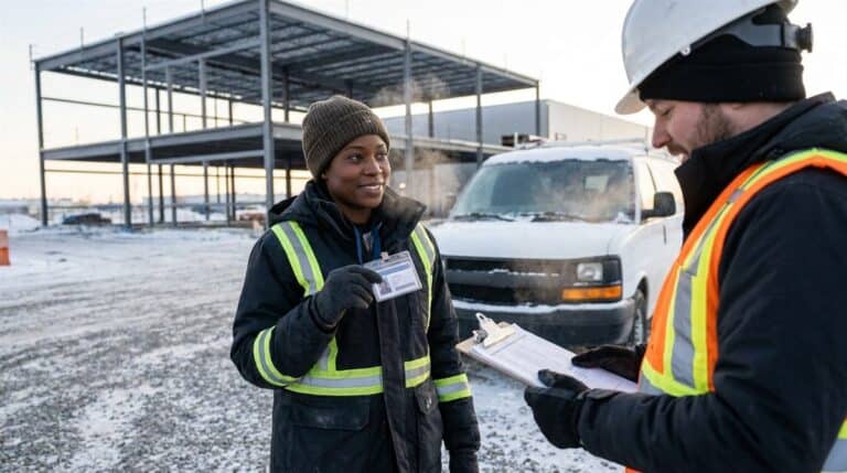 Electrician showing her Red Seal certification card to a site supervisor at a snowy Calgary job site gate