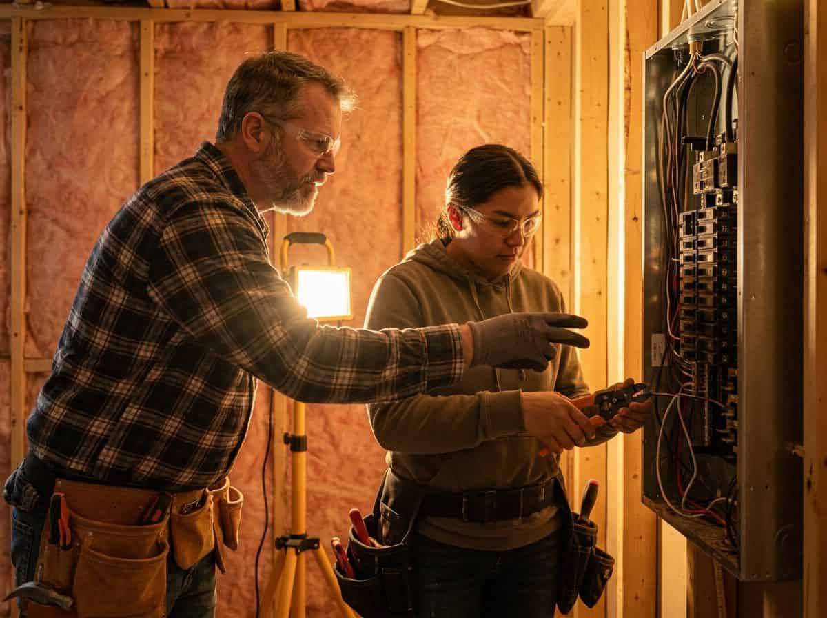 Journeyperson electrician guiding an apprentice at a residential panel, the supervised hours that lead to Red Seal certification