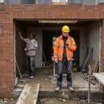 Building contractor checking his phone in the doorway of a Cork extension while a plasterer skims the wall behind