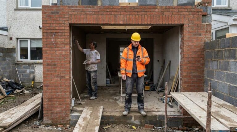 Building contractor checking his phone in the doorway of a Cork extension while a plasterer skims the wall behind