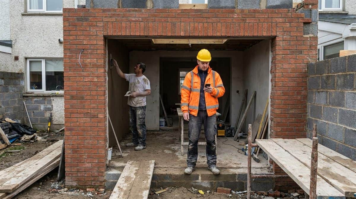 Building contractor checking his phone in the doorway of a Cork extension while a plasterer skims the wall behind