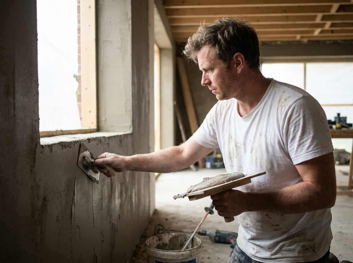 Plasterer skimming an extension wall in Cork, the kind of subcontract payment Relevant Contracts Tax applies to