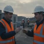 Site manager in a hard hat and hi-vis vest checks a small card held out by a worker on site