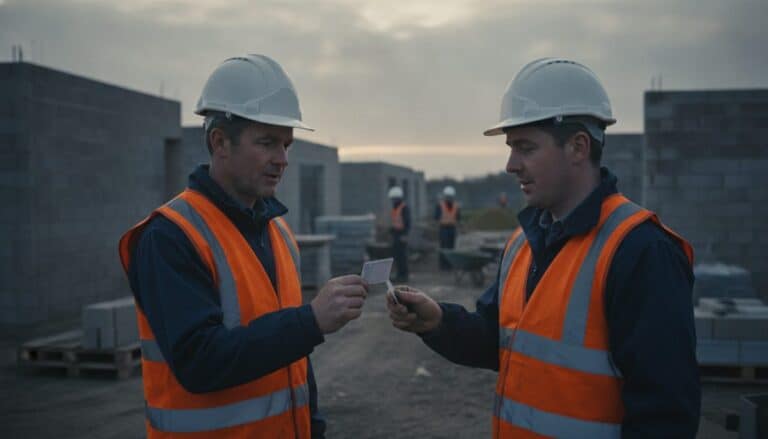 Site manager in a hard hat and hi-vis vest checks a small card held out by a worker on site