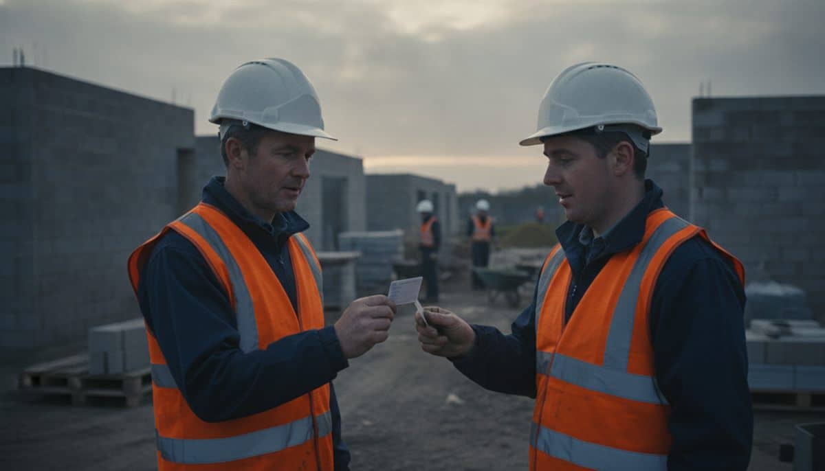 Site manager in a hard hat and hi-vis vest checks a small card held out by a worker on site
