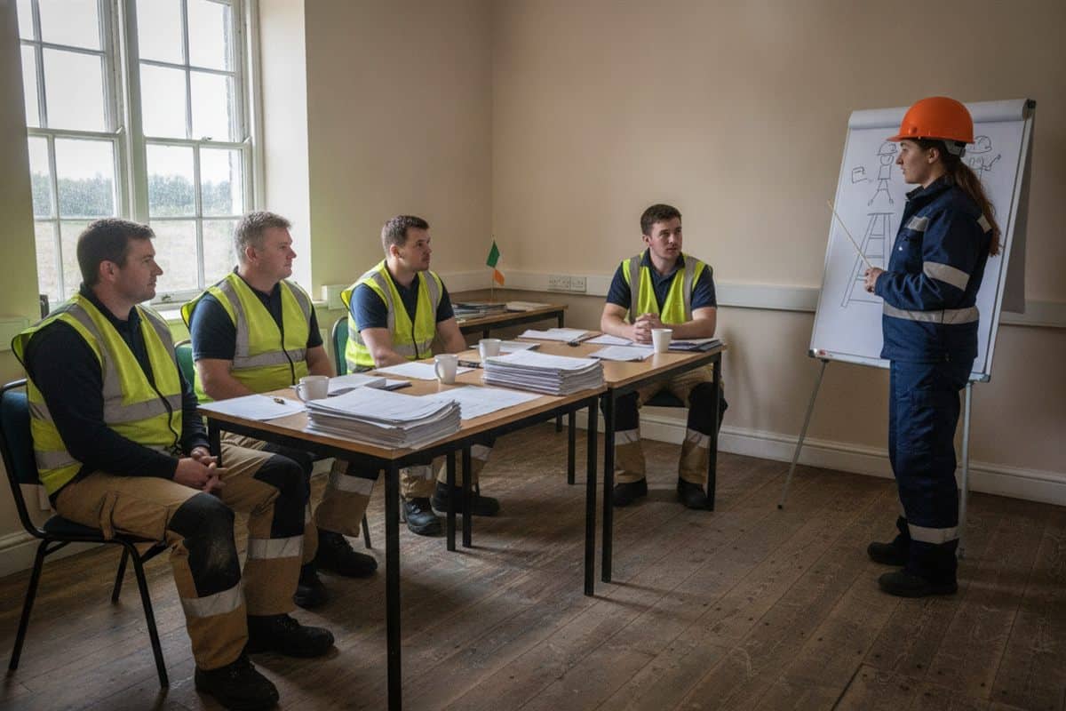 Group of construction workers listen to a safety instructor standing by a flip chart in a training room