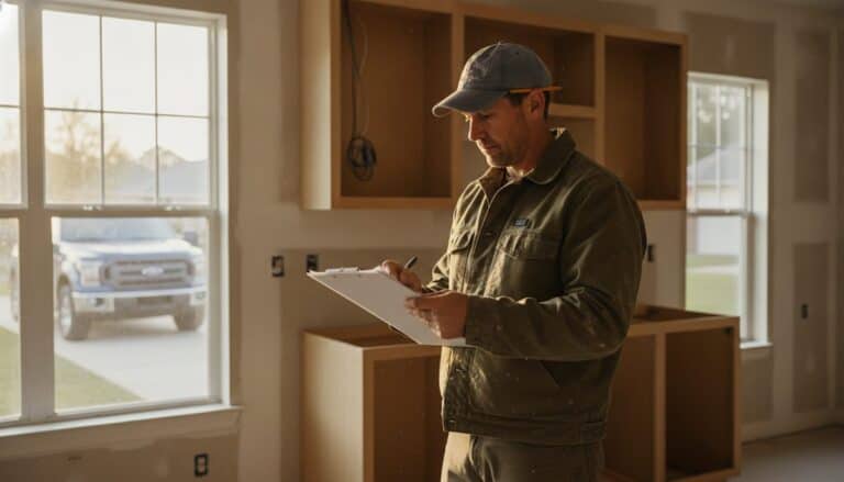 Contractor in a work jacket and ball cap writing on a clipboard in a half-finished kitchen remodel