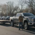 A contractor stands beside a new pickup and flatbed trailer on a winter dealership lot.