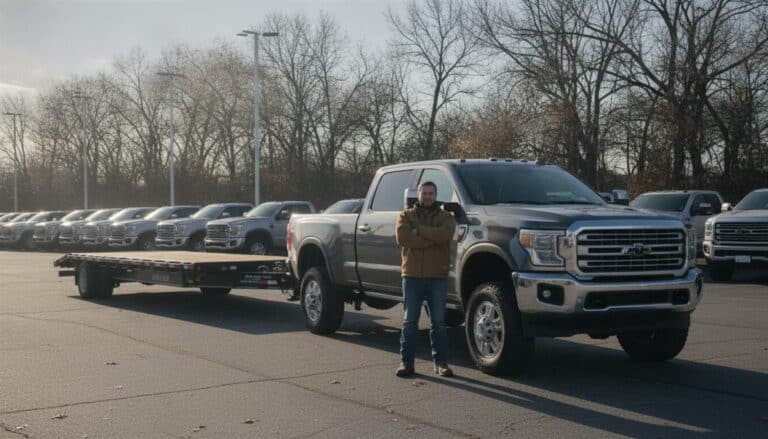 A contractor stands beside a new pickup and flatbed trailer on a winter dealership lot.