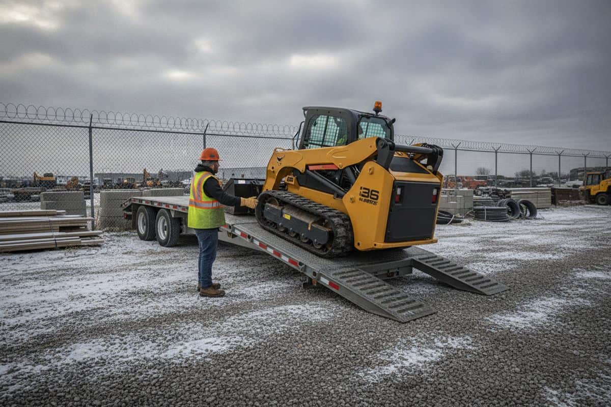 A track loader is unloaded down trailer ramps onto a frosty contractor yard.