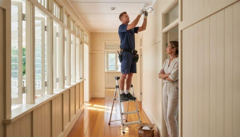 Electrician on a step ladder fits a ceiling smoke alarm in a timber hallway while the homeowner watches