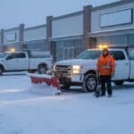 Snow contractor in hi-vis beside a plow truck in a snowy plaza parking lot at dawn